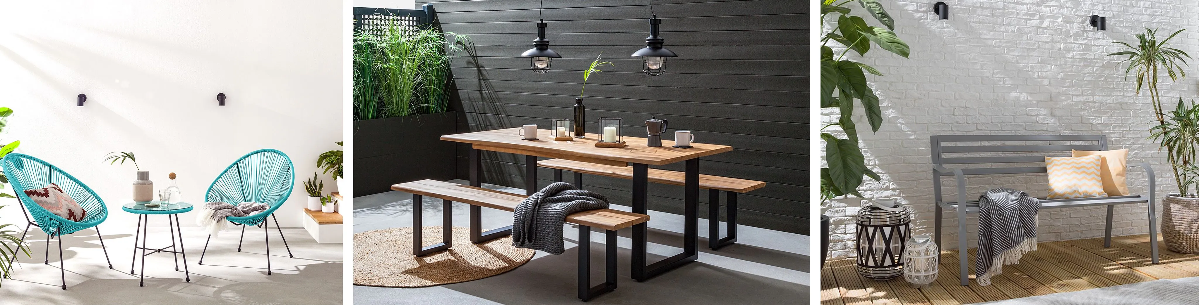 Türkise Gartensessel und Gartenbank aus stabilem Metall sowie Essgruppe aus Holz mit Gestell aus Metall