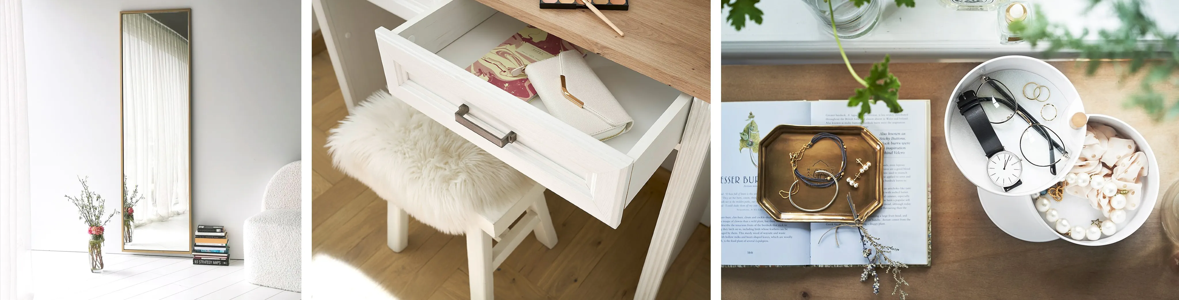 Großer goldener Spiegel, Frisiertischschublade und Schmuck auf Tablett und Ständer