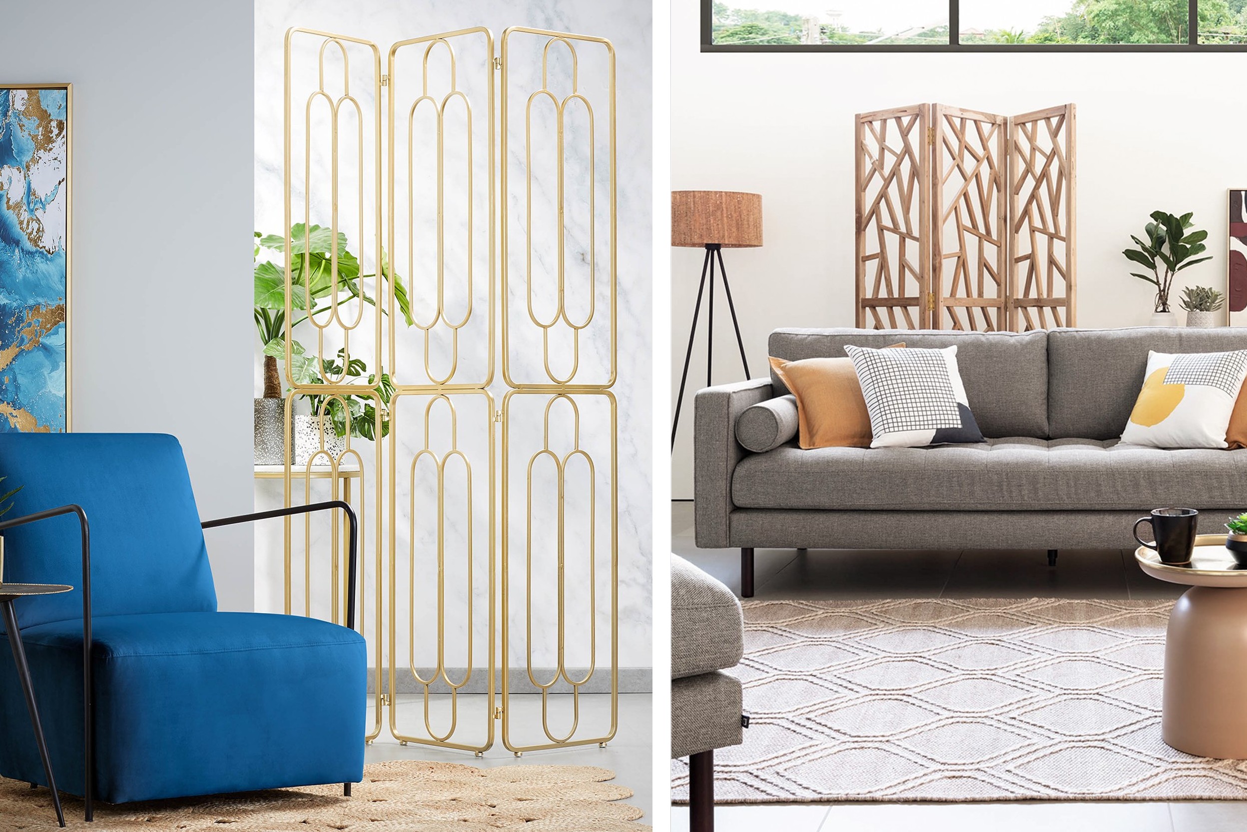 Combo de deux photos montrant deux pièces, chacune avec un paravent jouant un rôle de séparateur avec le reste de l'espace