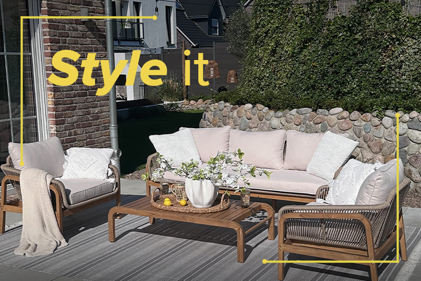 Loungige Gartensitzgruppe Nevis aus Massivholz mit beigen Polstern