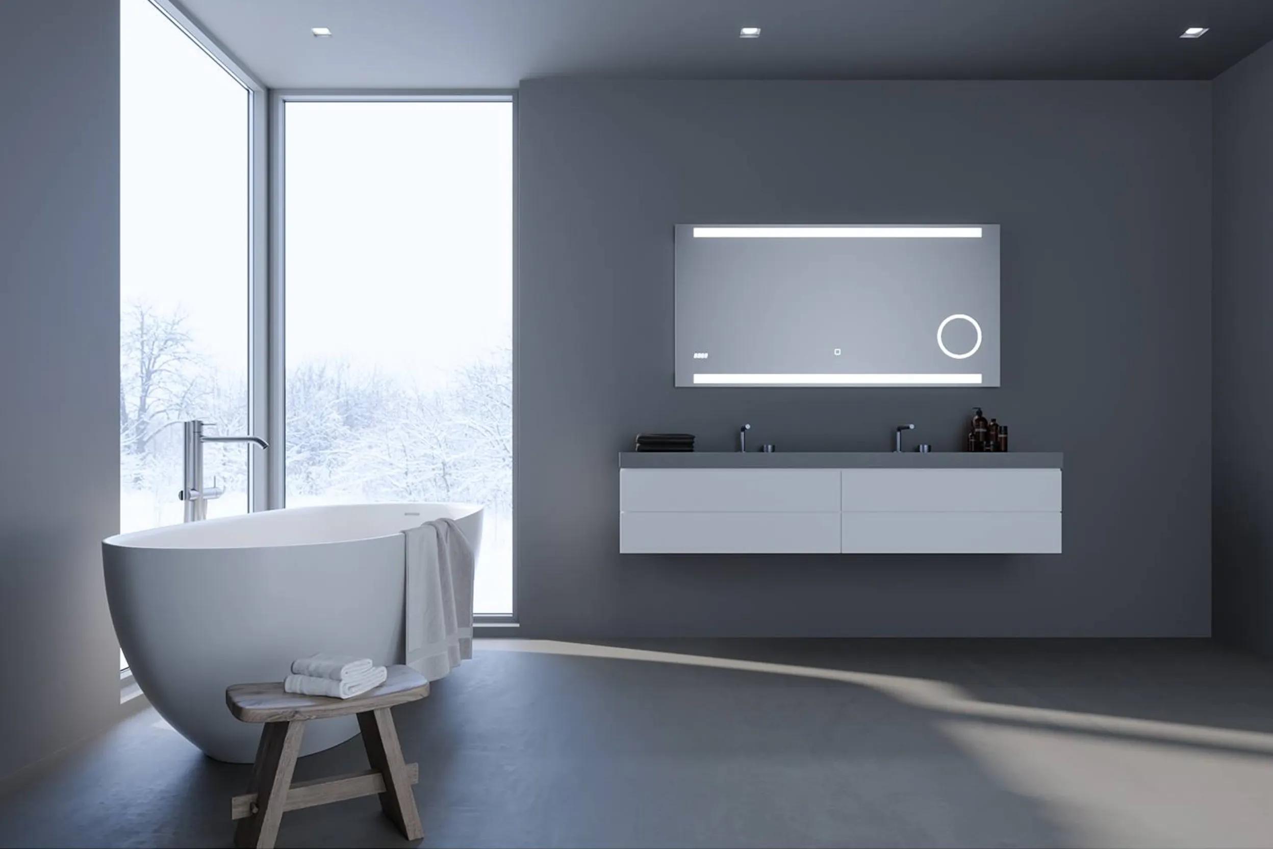 Minimalistisches Badezimmer mit Einbauleuchten und smartem LED-Spiegel