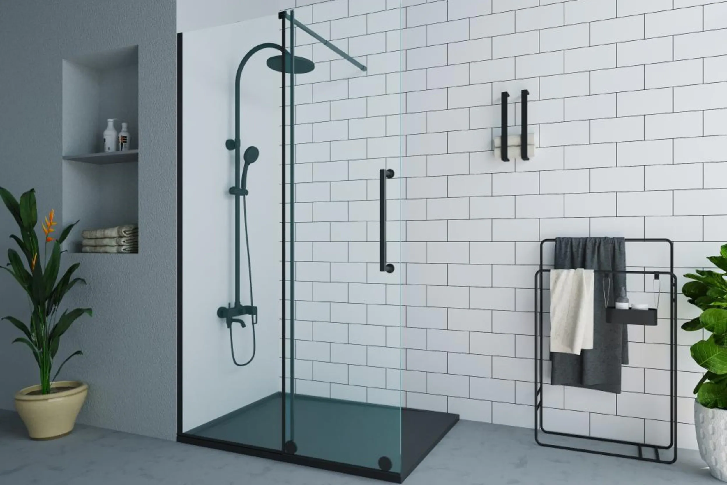 Walk-in-Dusche mit schwarzer Duschwanne und schwarzen Amaturen