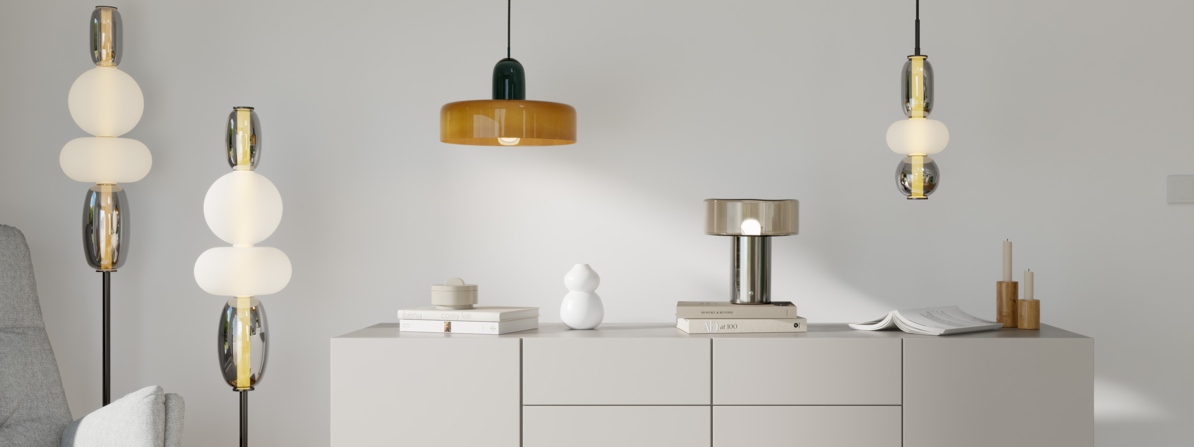 Lampen in verschiedenen Trend-Designs: Silberne Leuchten, Glaslampen und Lampen in Mushroom Shape.