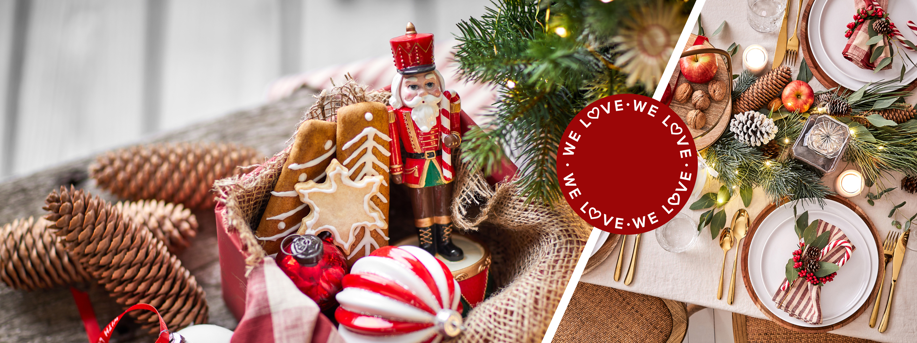 Traditionelle Weihnachtsanhänger wie rote Kugeln, Plätzchenanhänger und ein roter Nussknacker; daneben eine klassisch gedeckter Tisch mit Tannengrün, roten Farbdetails und goldenem Besteck.
