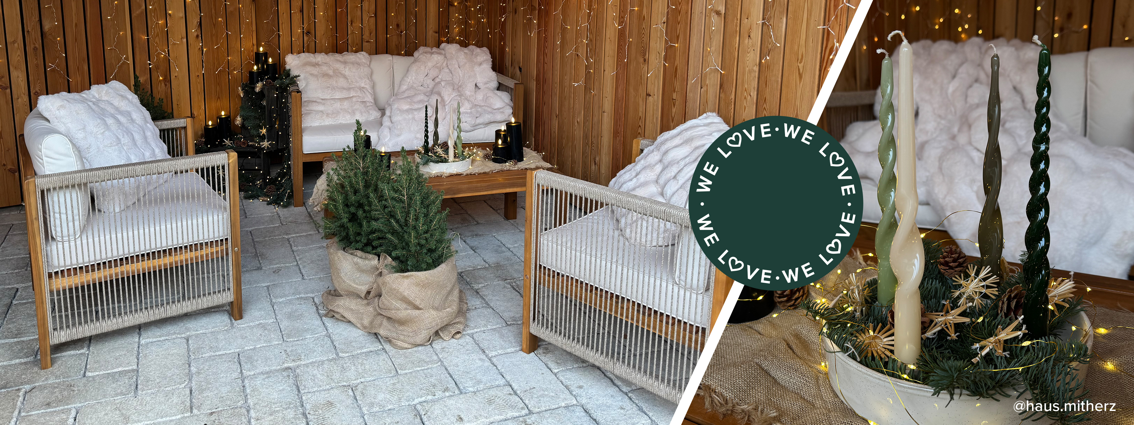 Gemütlich hergerichteter Garten zur Winterzeit mit Outdoormöbeln im Rope-Design, Lichterketten, kuscheligen Textilien, Tannengrün und Kerzen.