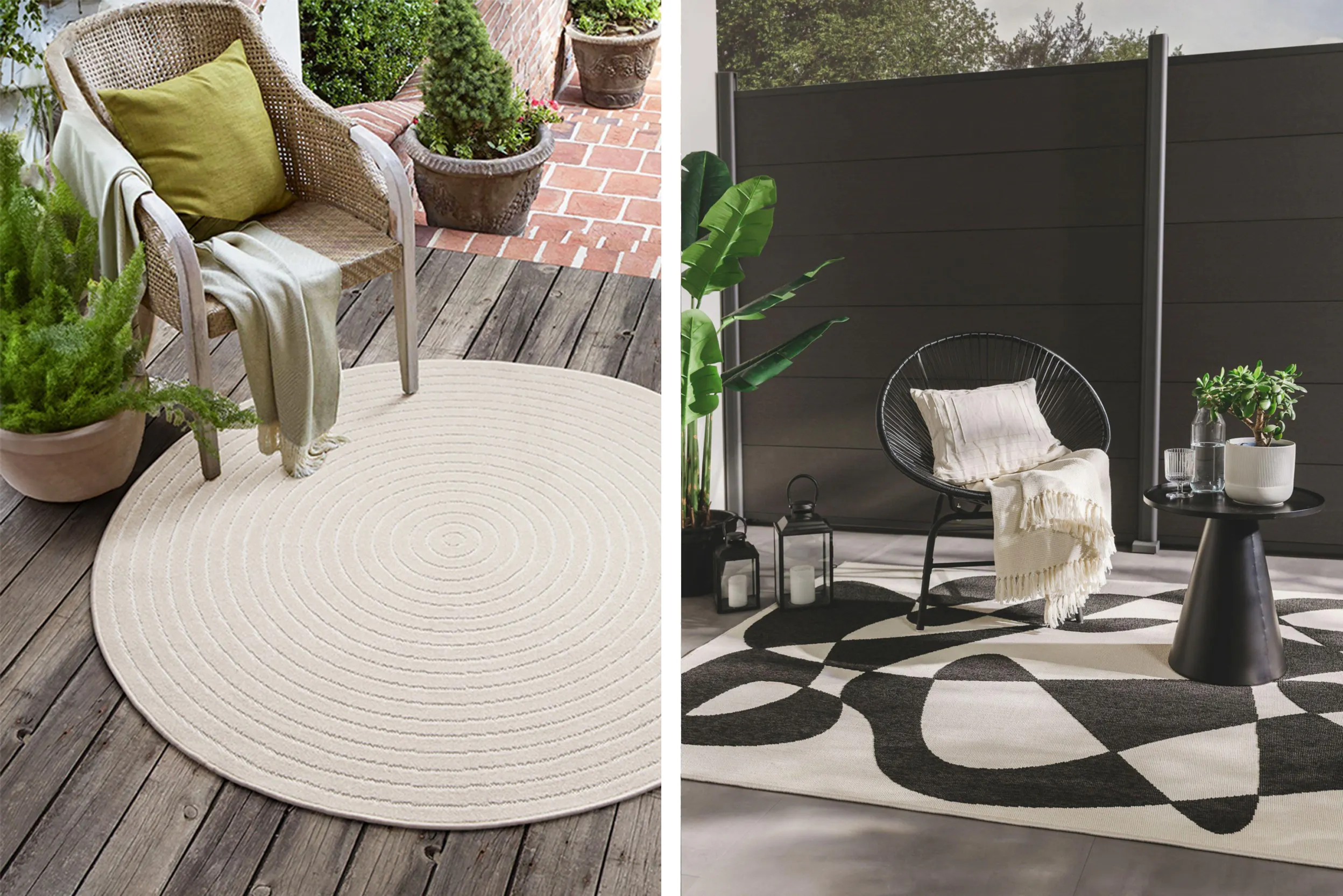 Runder heller Outdoor-Teppich auf kleiner Terrasse links, grosser grafischer Outdoor-Teppich rechts.