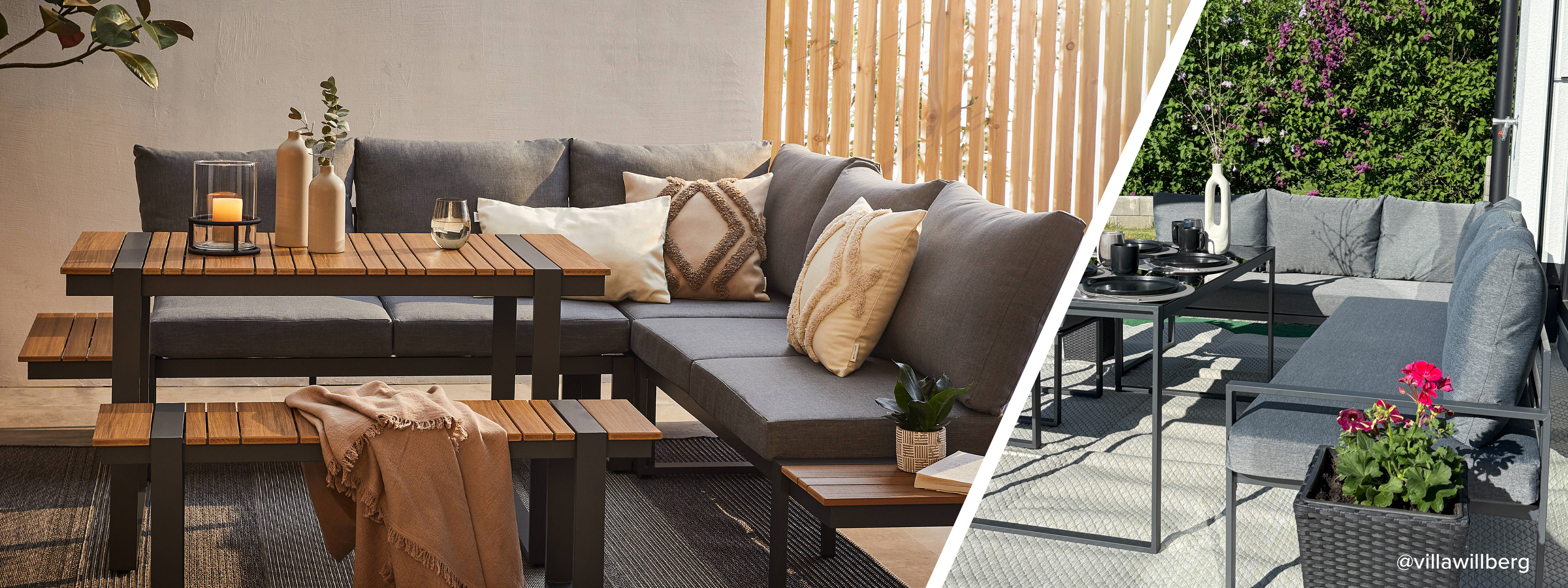 Dining-Loungeset mit Polstern, Lamellenoptik und vielen Kissen; daneben eine weitere Dining-Lounge in einem Garten mit gedecktem Tisch.