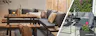 Dining-Loungeset mit Polstern, Lamellenoptik und vielen Kissen; daneben eine weitere Dining-Lounge in einem Garten mit gedecktem Tisch.