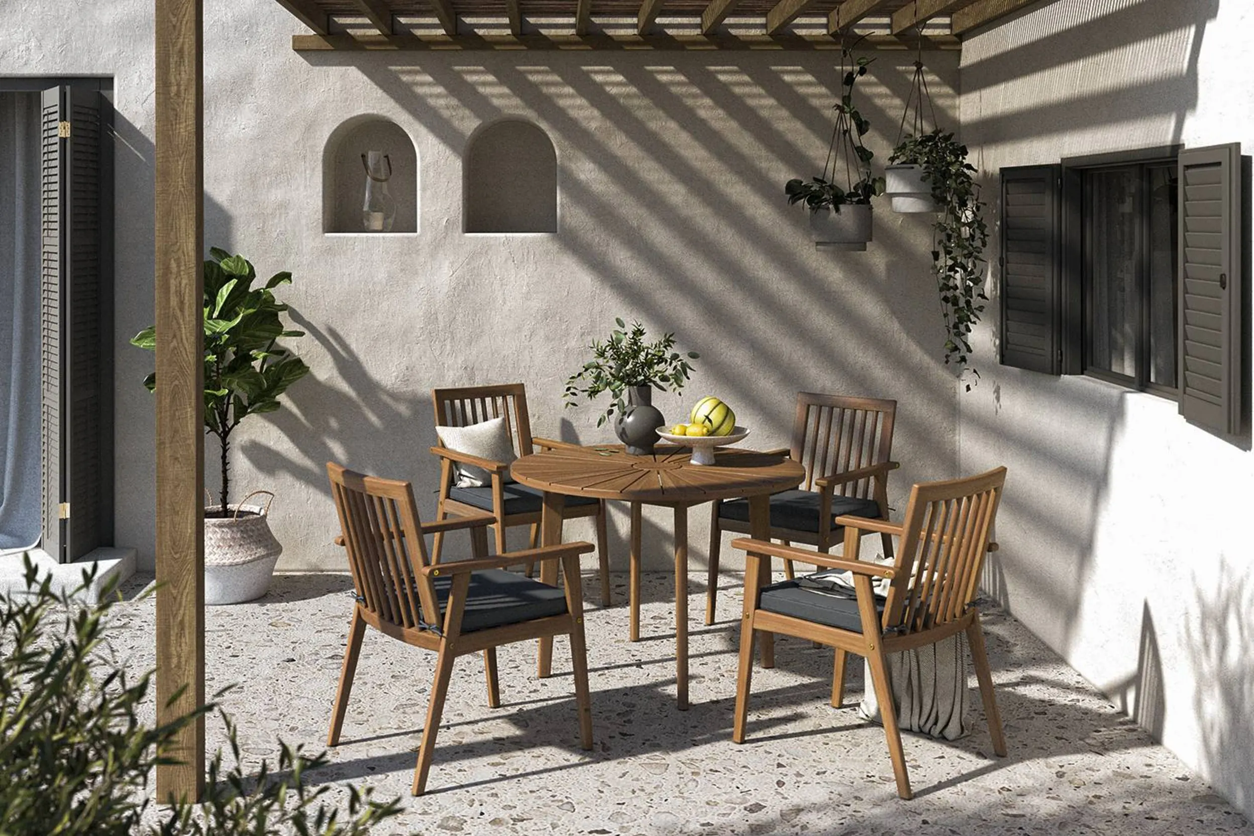Garten-Sitzgruppe mit rundem Tisch und 4 Stühlen aus Akazie
