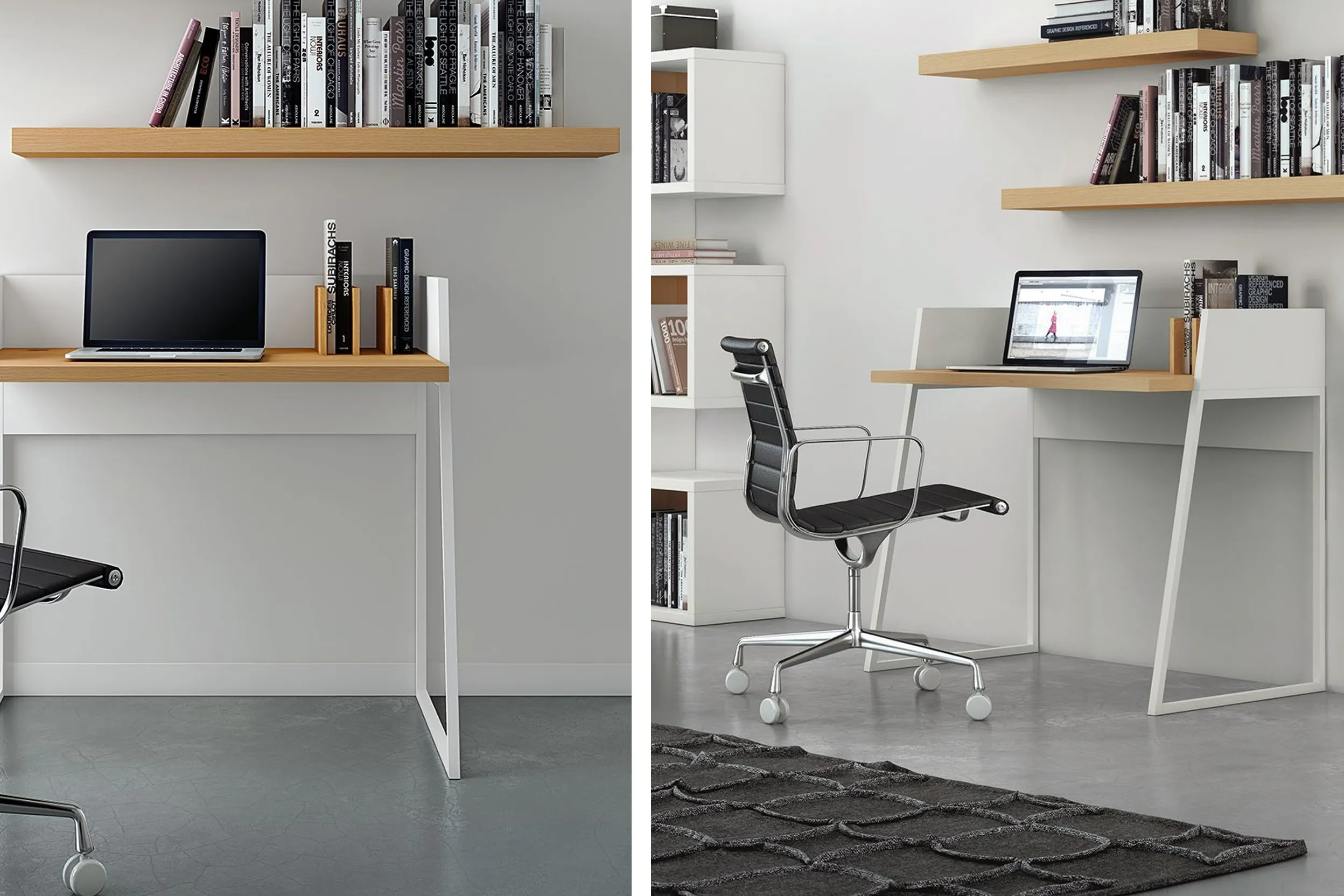 Kleiner Schreibtisch mit Laptop und Wandregal