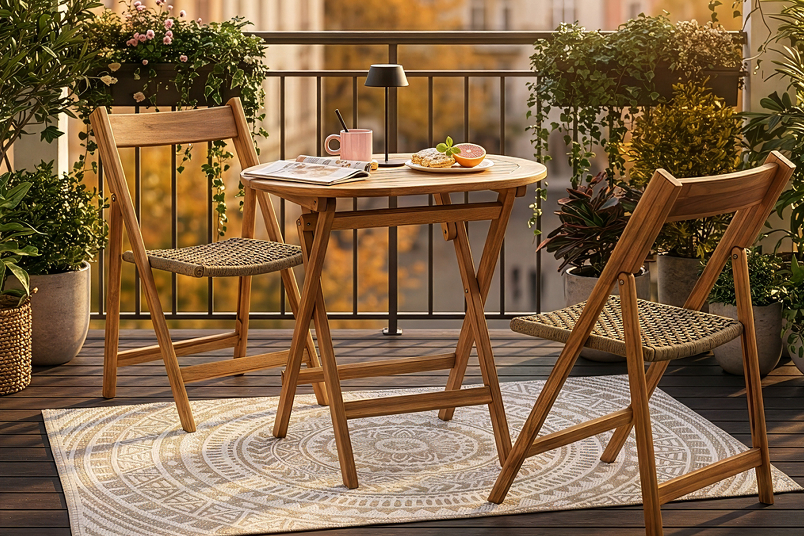 Gemütlicher Balkon mit Klappmöbeln aus massivem Holz und Seilgeflecht, dazu viele Balkonpflanzen und ein Outdoorteppich.