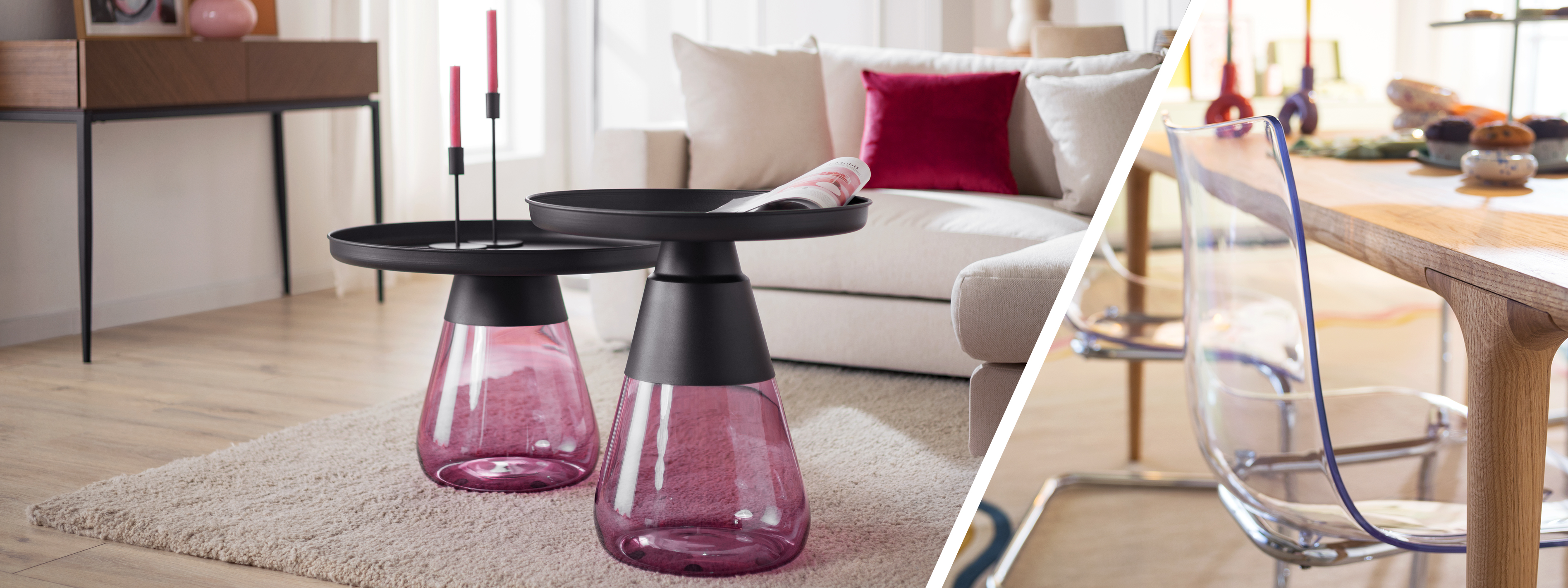 Couchtisch-Set mit einem Fuß aus violett getöntem Glas auf einem strukturierten Wohnzimmerteppich; daneben ein Esszimmerstuhl aus durchsichtigem Kunststoff.