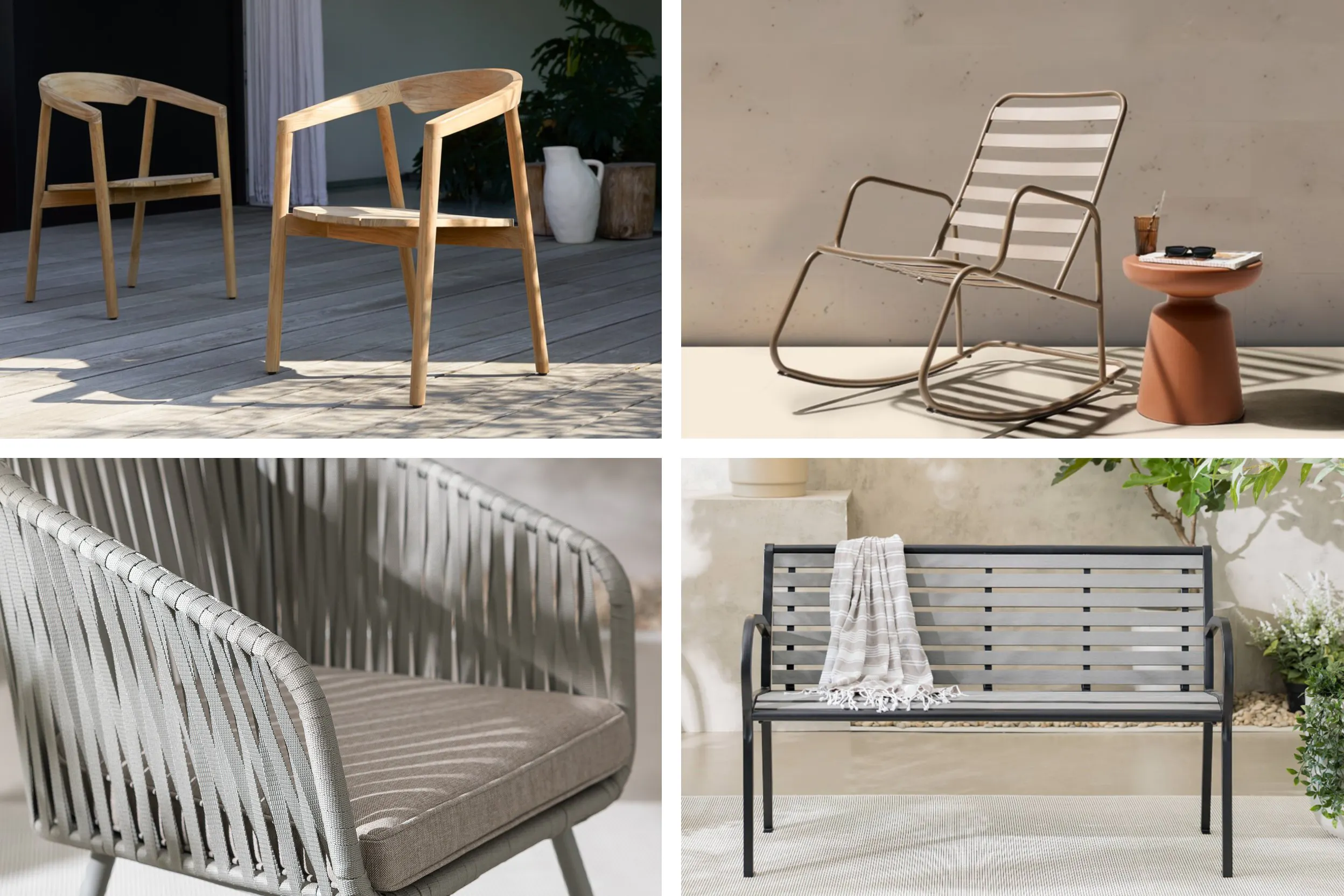 Gartenstühle und -bänke aus Teak, Metall, Rope und Polywood