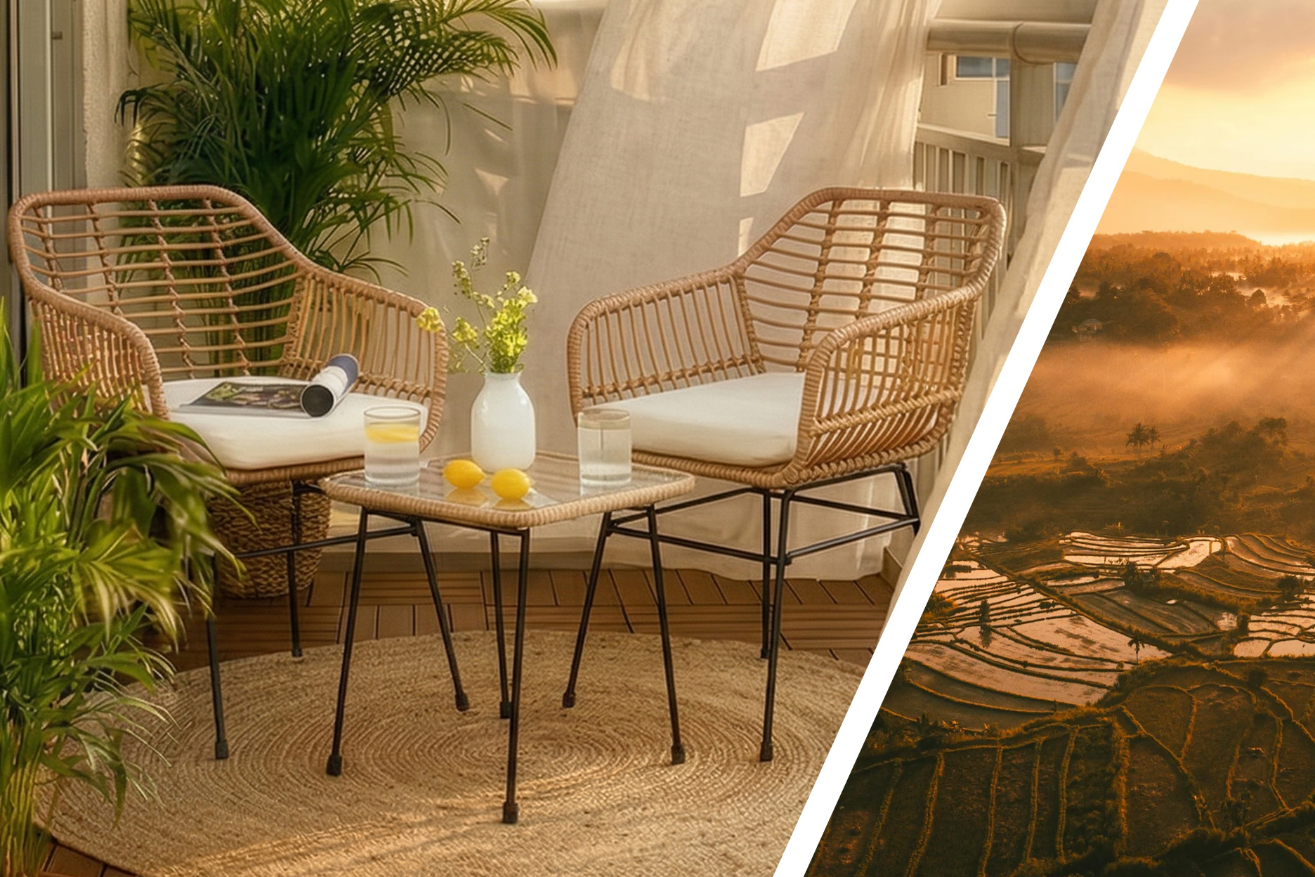 Balkon im beliebten Bali-Look mit einem Möbelset aus Rattan, einem Juteteppich, einem Boden aus Holzfliesen und vielen typischen Accessoires wie geflochtenen Körben, Laternen und erfrischenden Getränken in hübschen Gläsern.