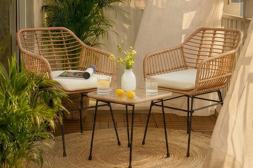 Balkon im beliebten Bali-Look mit einem Möbelset aus Rattan, einem Juteteppich und vielen typischen Accessoires wie geflochtenen Körben, Laternen und hübschen Gläsern.