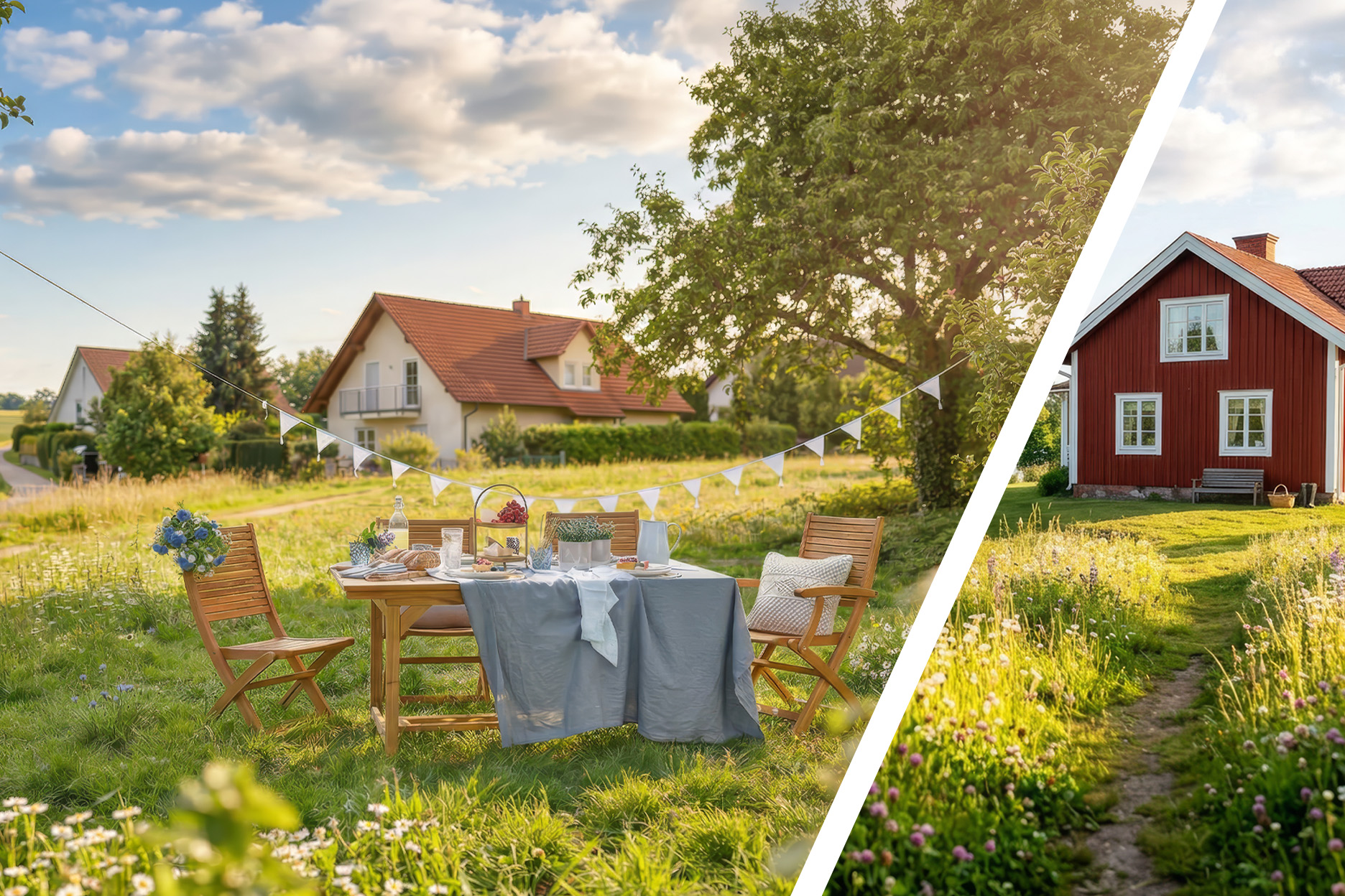 Gartenmöbelset aus Holz von BUTLERS, platziert auf einem grünen Rasen für ein Picknick: dazu Geschirr, Gläser und eine Etagere sowie ein weißes Kissen und eine blaue Tischdecke.
