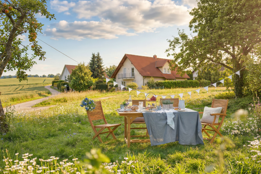 Gartenmöbelset aus Holz von BUTLERS, dazu Geschirr, Gläser und eine Etagere sowie ein weißes Kissen und eine blaue Tischdecke.