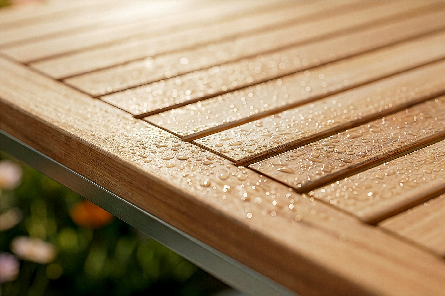 Gartentisch aus wetterbeständigem Teakholz.