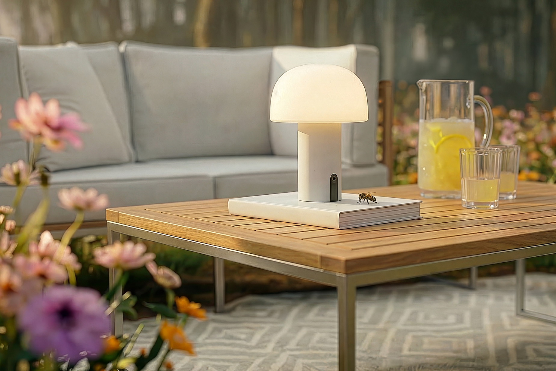 Gartentisch aus Teakholz mit praktischer Outdoor-LED-Lampe, dazu ein Outdoor-Loungesofa.