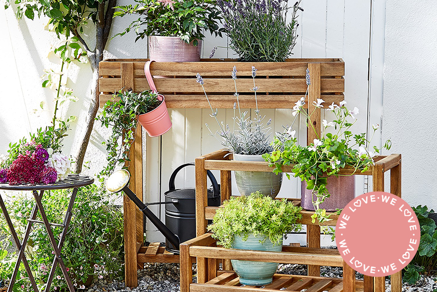 Pflanzentreppe mit verschiedenen Kräutertöpfen auf einer Terrasse