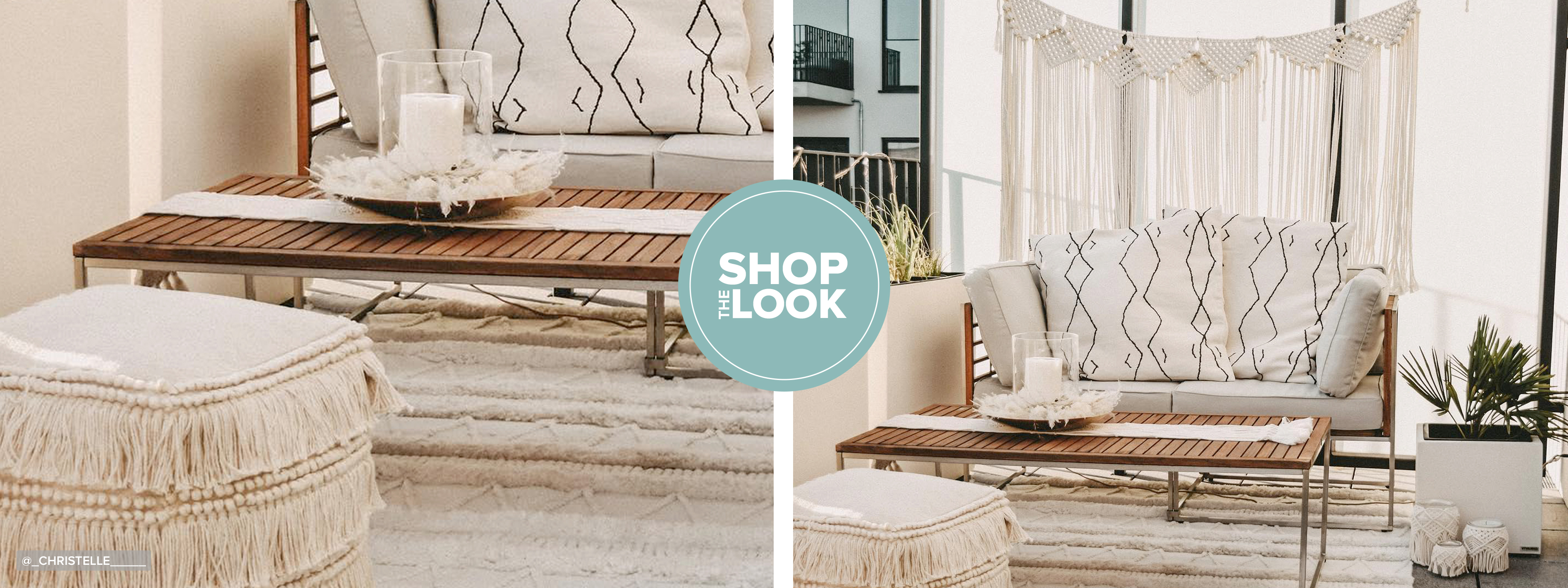 Terrasse im Boho-Stil mit Outdoor-Loungemöbeln aus hochwertigem Akazienholz, hellen Textilien in Cremeweiß wie Kissen, Teppich und Sitzpouf mit Fransendetails; eine Makramee-Girlande im Hintergrund dient als Blickfang.