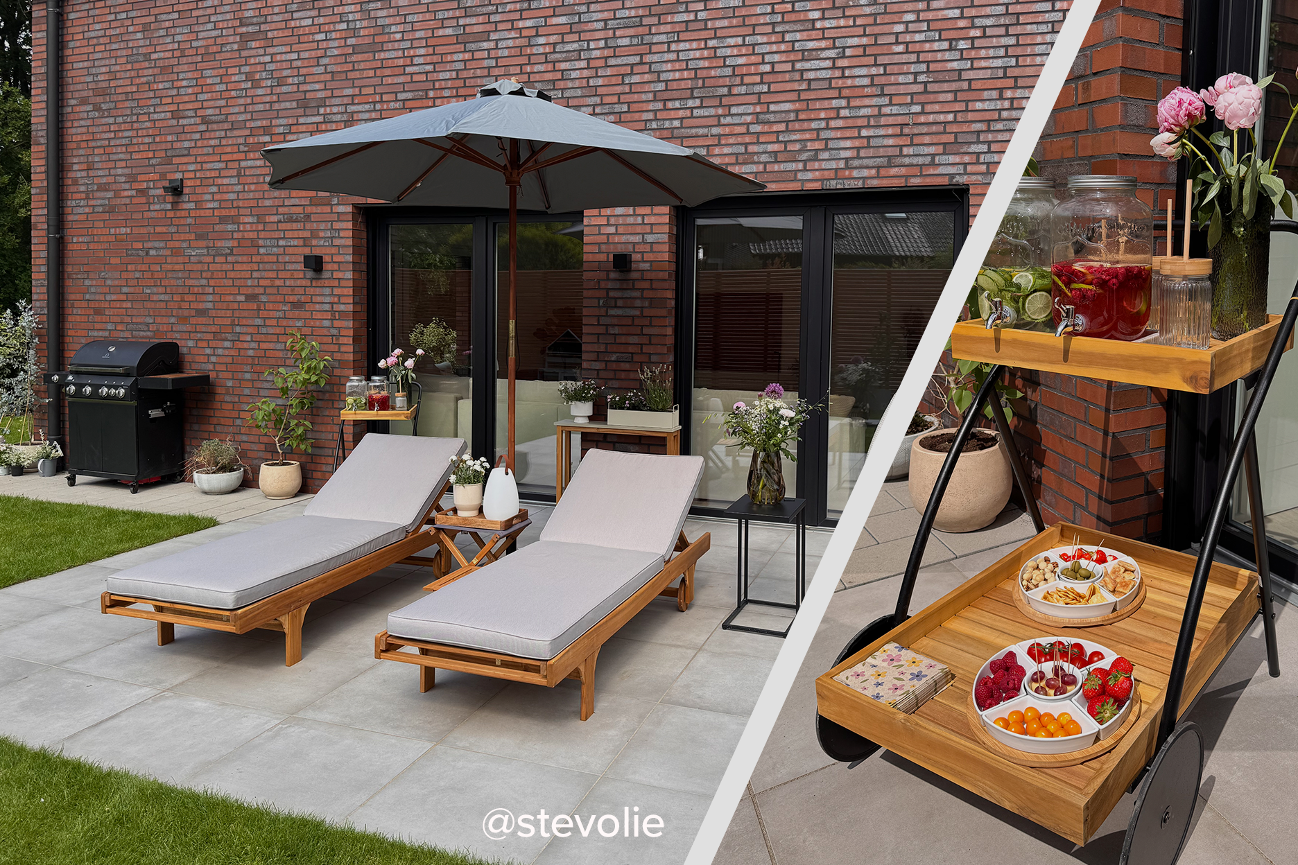 Schöne Terrasse mit hellbeigen Sonnenliegen, einem dunkelgrauen Sonnenschirm und einem Hängesessel, dazu ein Servierwagen.