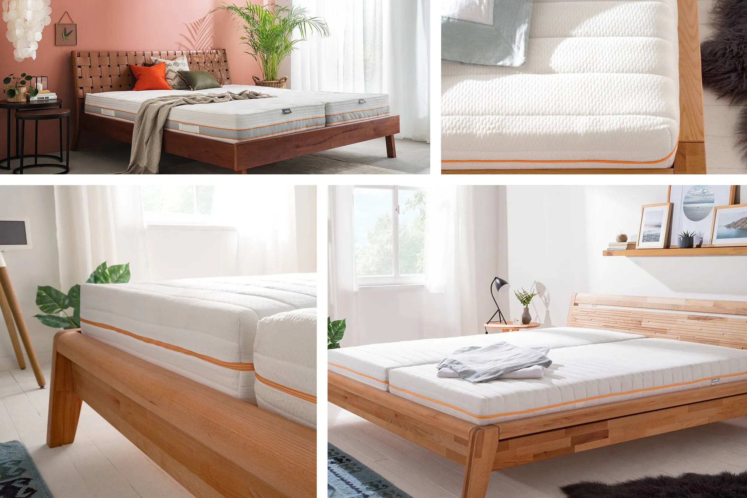 Zwei 7-Zonen-Wendematratzen aus Kaltschaum von home24 liegen nebeneinander auf einem Doppelbett aus Massivholz. Ideale Lösung für Paare mit unterschiedlichen Liegebedürfnissen
