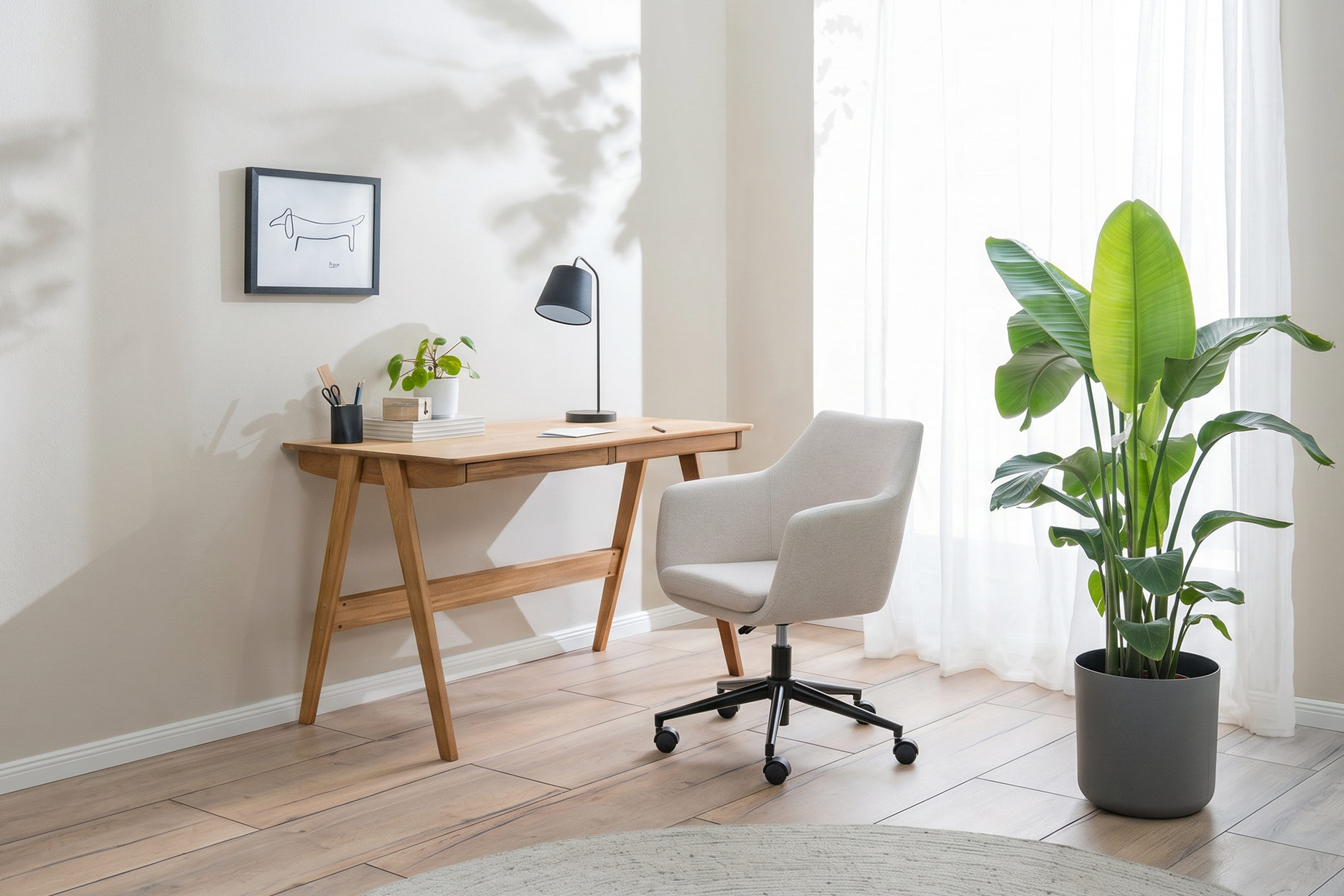 Heller Arbeitsbereich mit Holzschreibtisch, weißem Bürostuhl, großer Zimmerpflanze und viel Tageslicht.