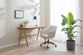 Heller Arbeitsbereich mit Holzschreibtisch, weißem Bürostuhl, großer Zimmerpflanze und viel Tageslicht.