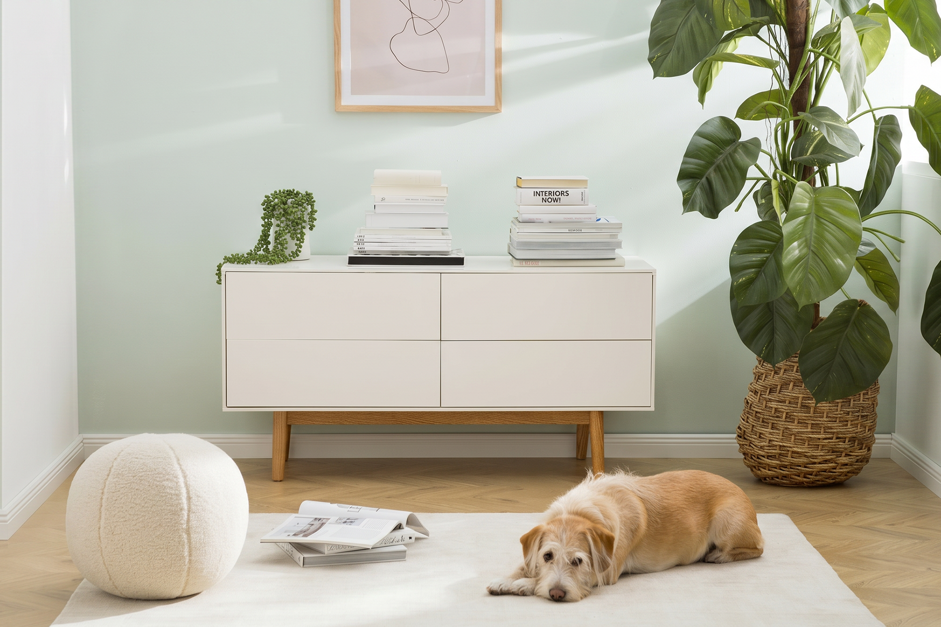 Sideboard im Skandi-Look als Stauraum für Bürobedarf, davor ein kuscheliger Teppich als Lieblingsplatz für den Office-Hund.