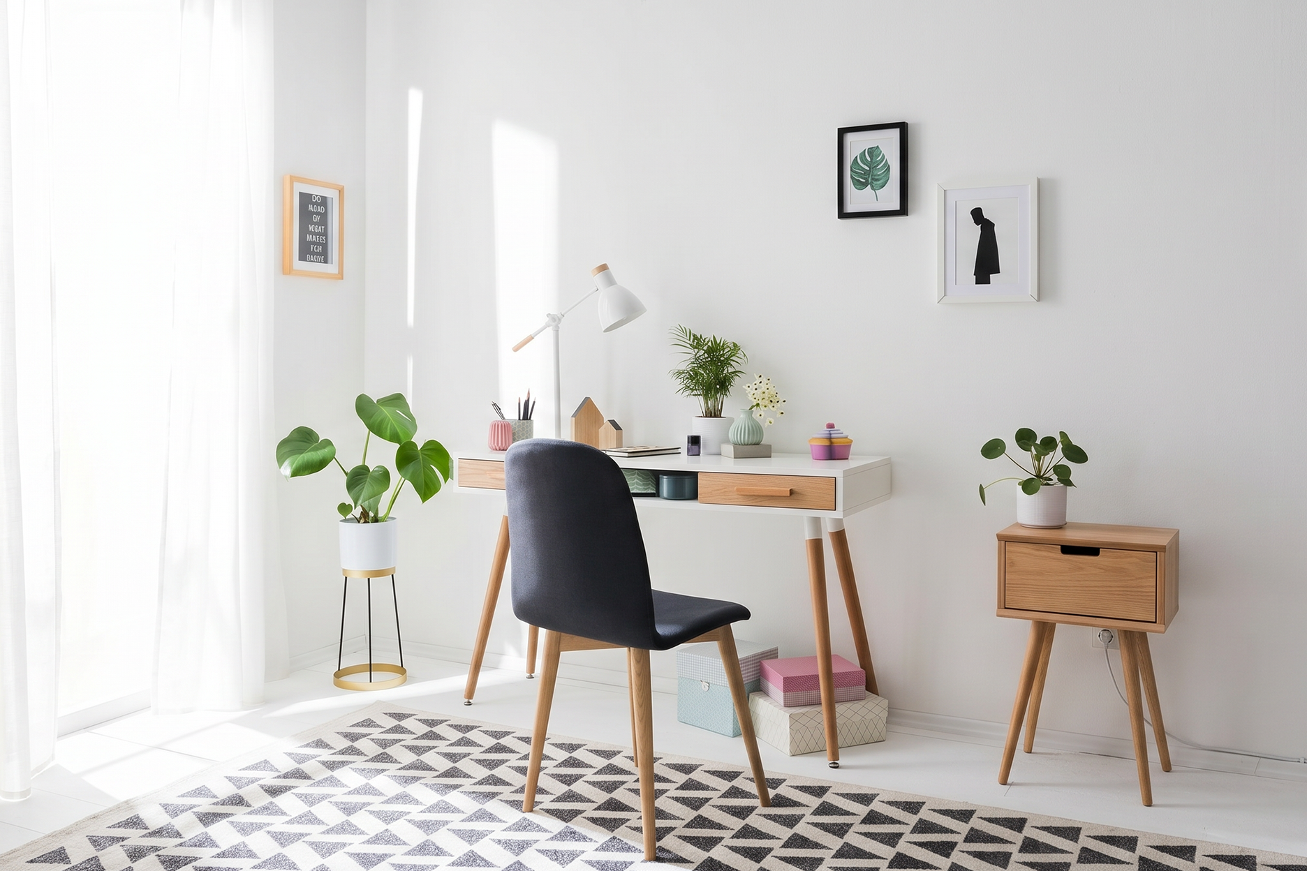 Farbenfrohes Homeoffice zum Studieren und Kreativwerden mit praktischen Skandi-Möbeln.