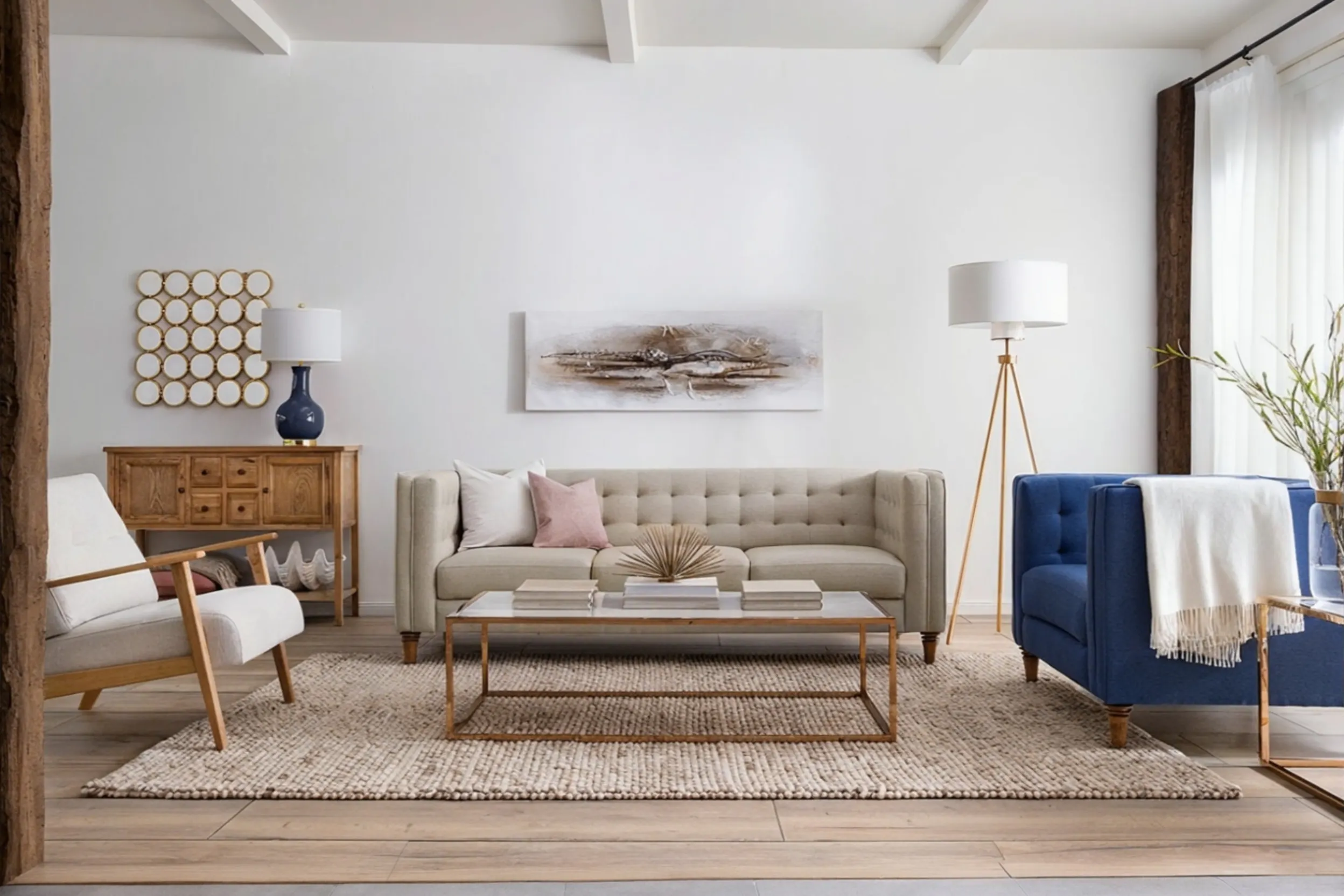 Großflächiger, beiger Rechteck-Teppich von kollected, der als harmonische Basis unter die Vorderbeine eines hellen Sofas sowie eines blauen und eines skandinavischen Sessels von home24 geschoben ist.
