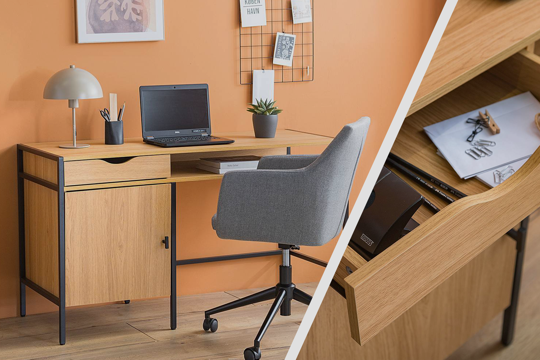 Schreibtisch aus hellem Holz mit schwarzem Metallgestell, Schublade und Stauraumfach. Detailansicht der Schublade mit Platz für Bürozubehör.