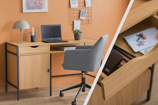 Schreibtisch aus hellem Holz mit schwarzem Metallgestell, Schublade und Stauraumfach. Detailansicht der Schublade mit Platz für Bürozubehör.