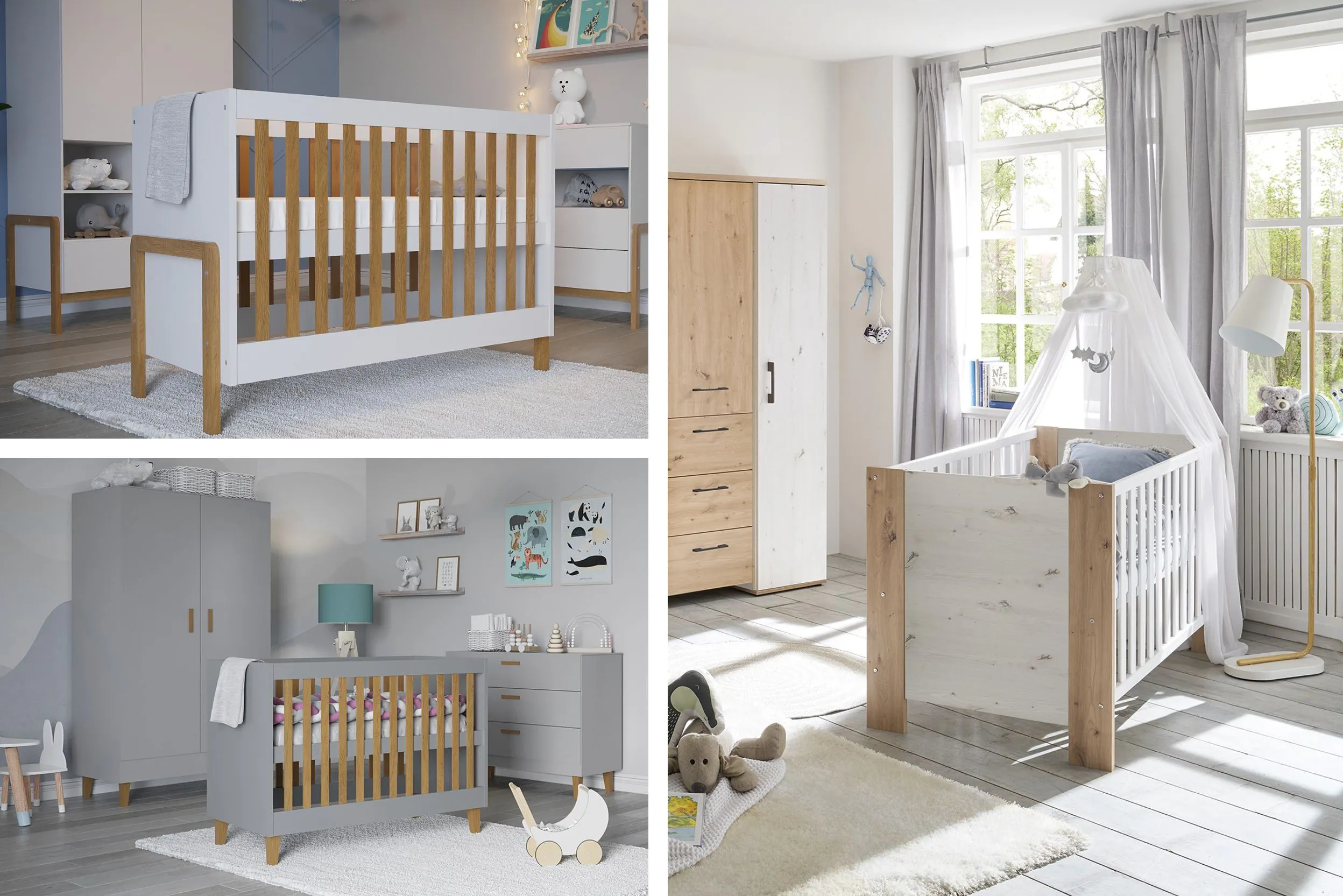 Trois photos de lits de bébé à barreaux: un en bois massif blanc et bois clair, dans une chambre blanche;lun en bois gris et bois clair, dans une chambre gris clair; le dernier, en bois massif blanc et bois clair, avec un ciel de lit en voile blanc, devant de grandes fenêtres, dans une chambre aux mêmes tons