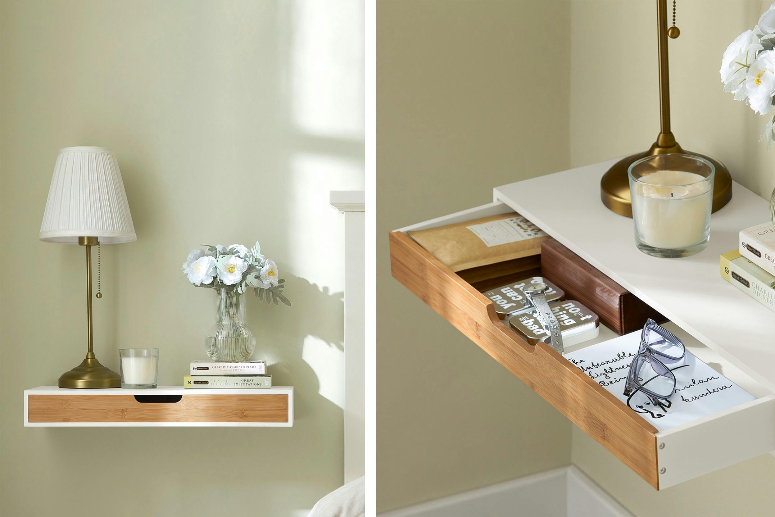 An der Wand montierter Nachttisch mit Accessoires und Schublade vor einer hellgruenen Wand