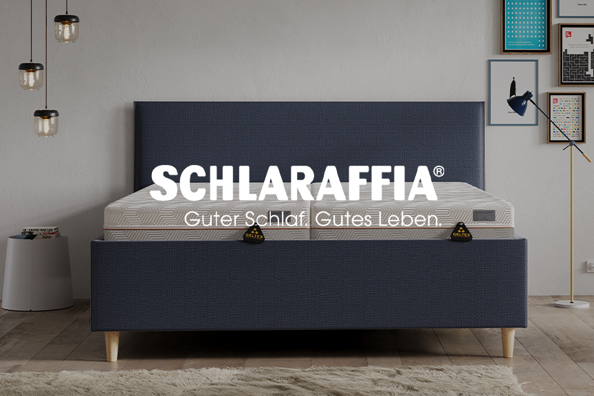 Blaues Bett mit Matratze der Marke Schlaraffia