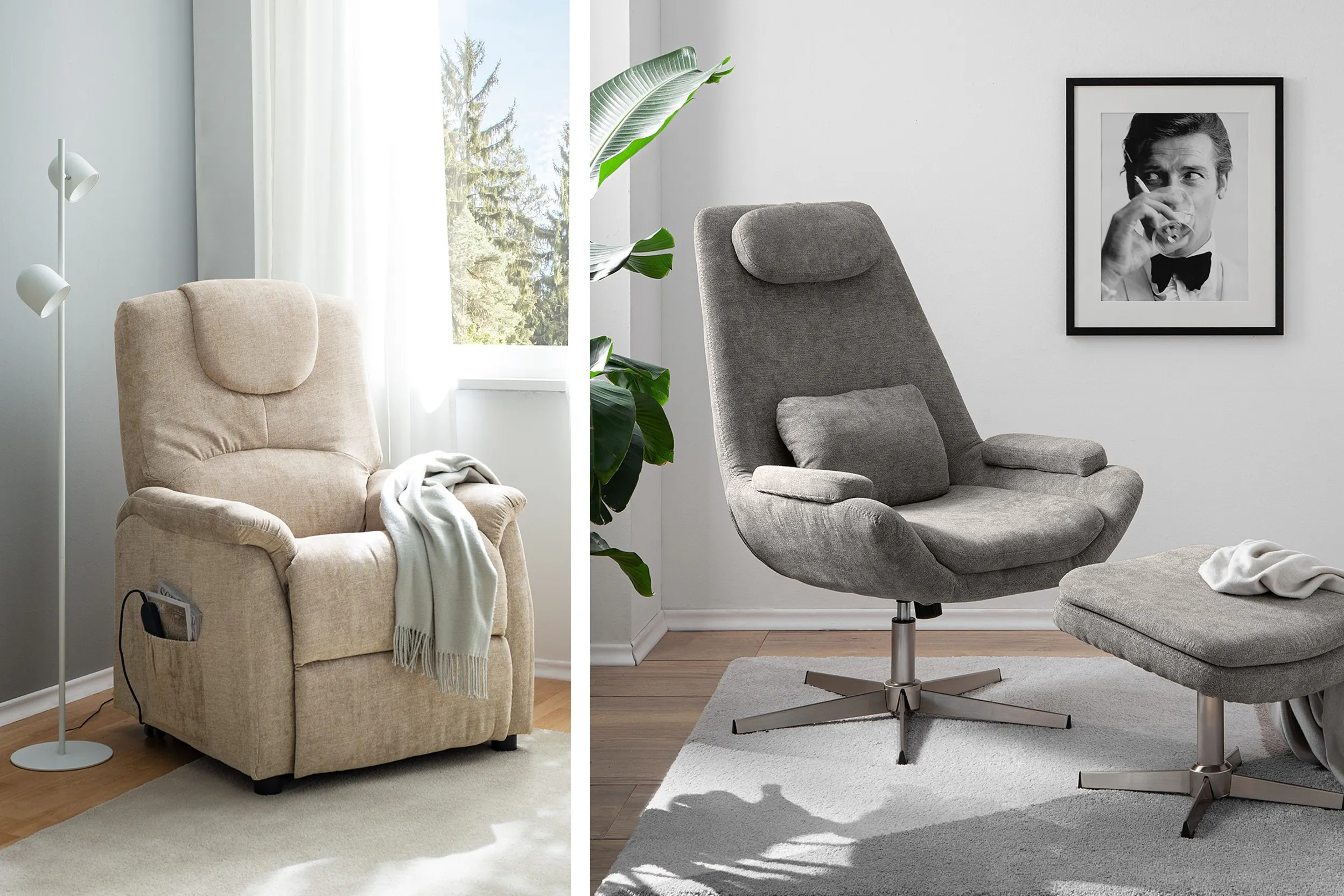 Relaxsessel in Beigetönen mit zusätzlichen Funktionen