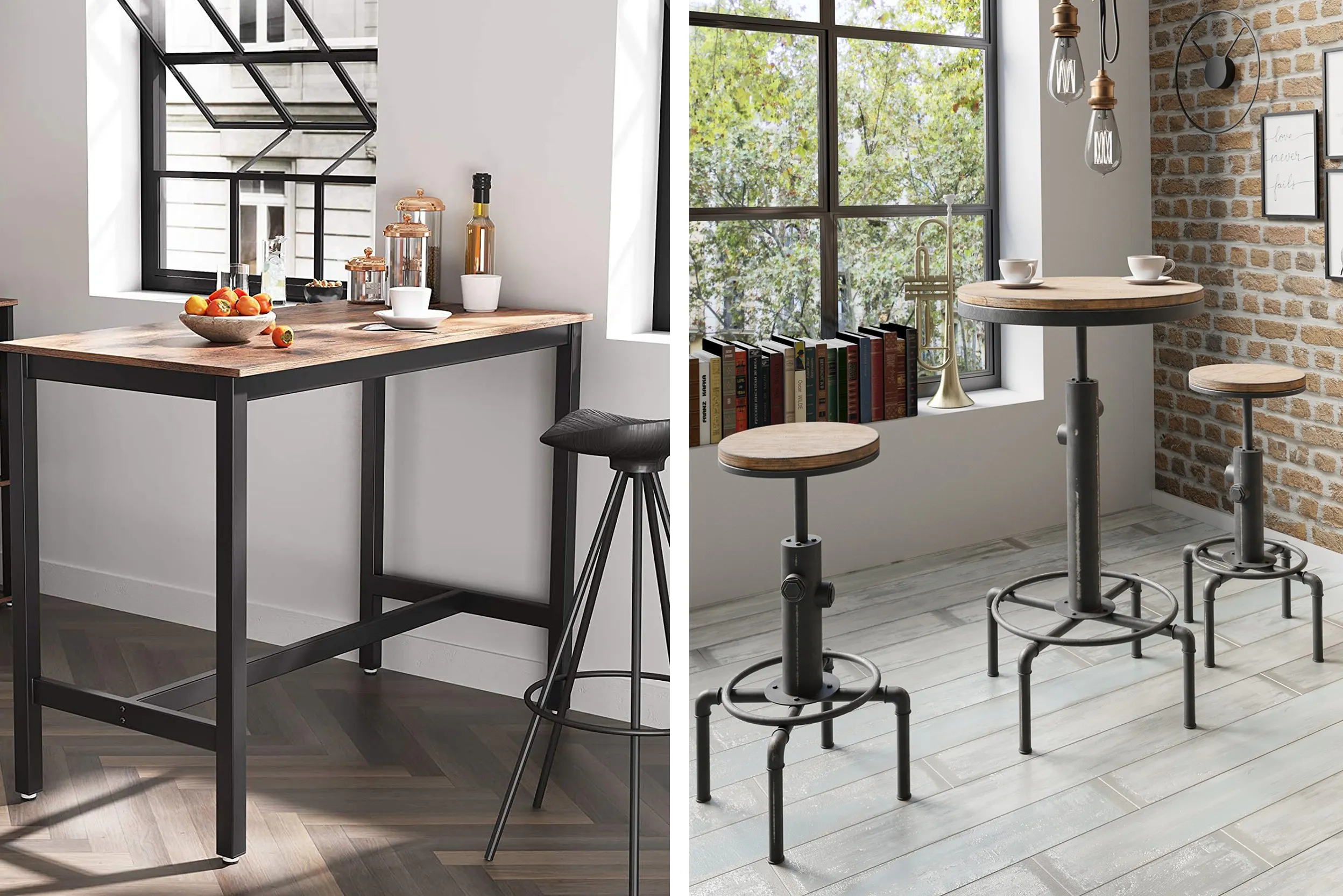 Hausbar im Industrial-Stil: Rechteckiger Bartisch, runder Bartisch, runde Barhocker, mit Massivholz-Platten und Eisengestell