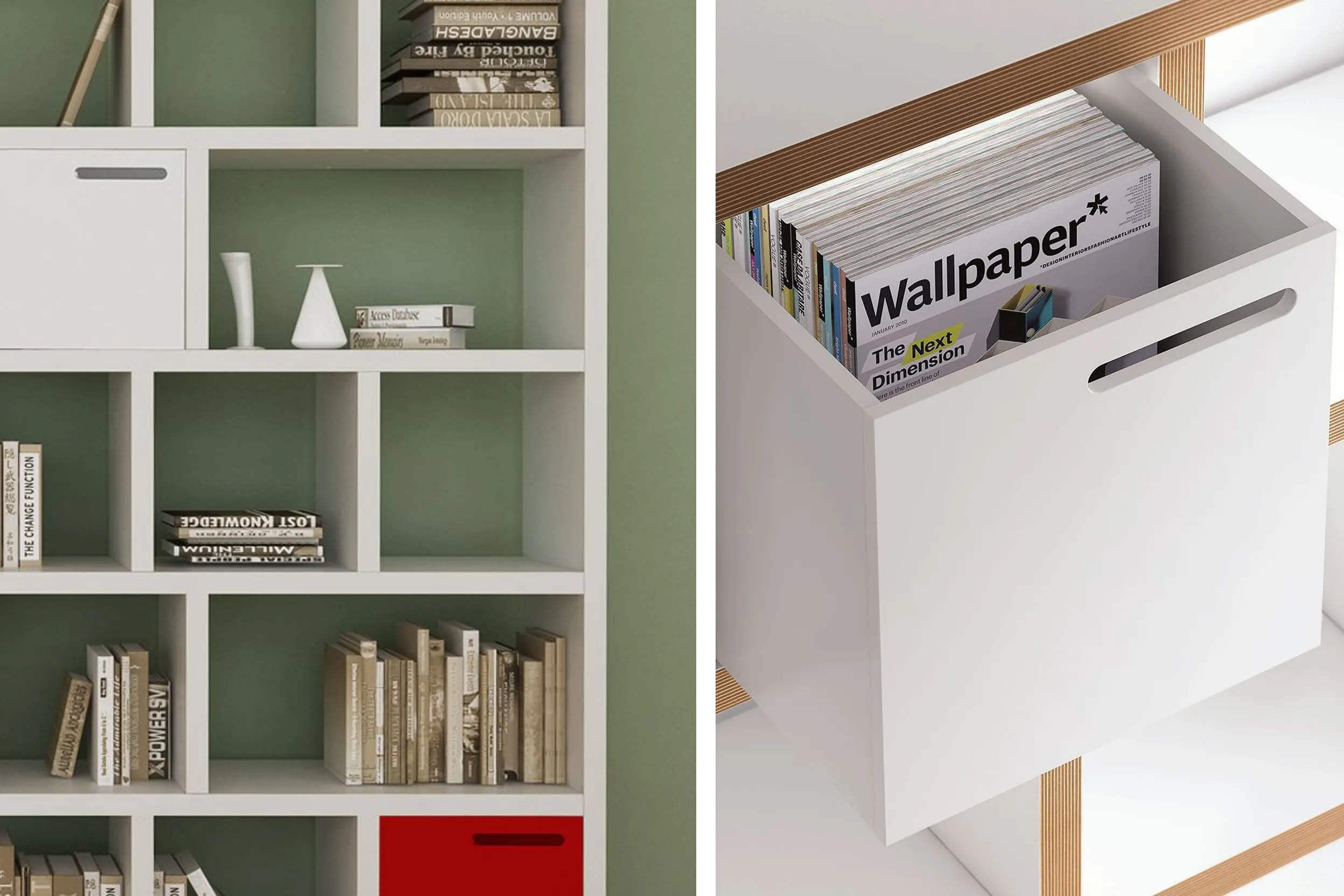 Bücherregal mit Büchern und Boxen für zum Beispiel Zeitschriften oder Kleinkram