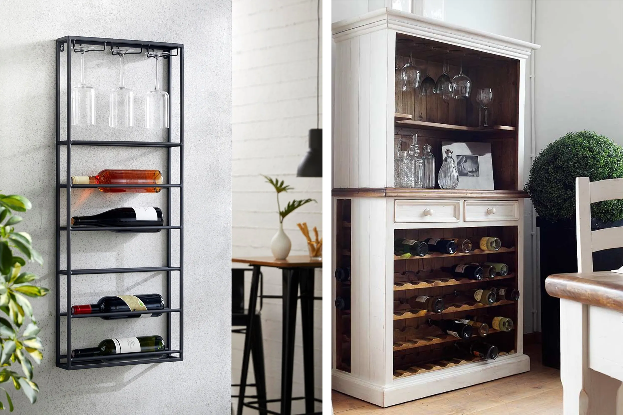 Weinregal mit Glashalter im Industrial-Stil und geräumiger Weinschrank mit Schubladen im Landhaus-Stil (Marke: Ridgevalley)
