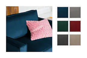 Montage avec le velours Ravi de la série Fort Dodge par kollected, qui se prête particulièrement bien aux intérieurs glamour avec ses couleurs profondes telles que le bleu foncé, le vert, le bordeaux et des tons neutres comme le beige, le marron foncé et le taupe.