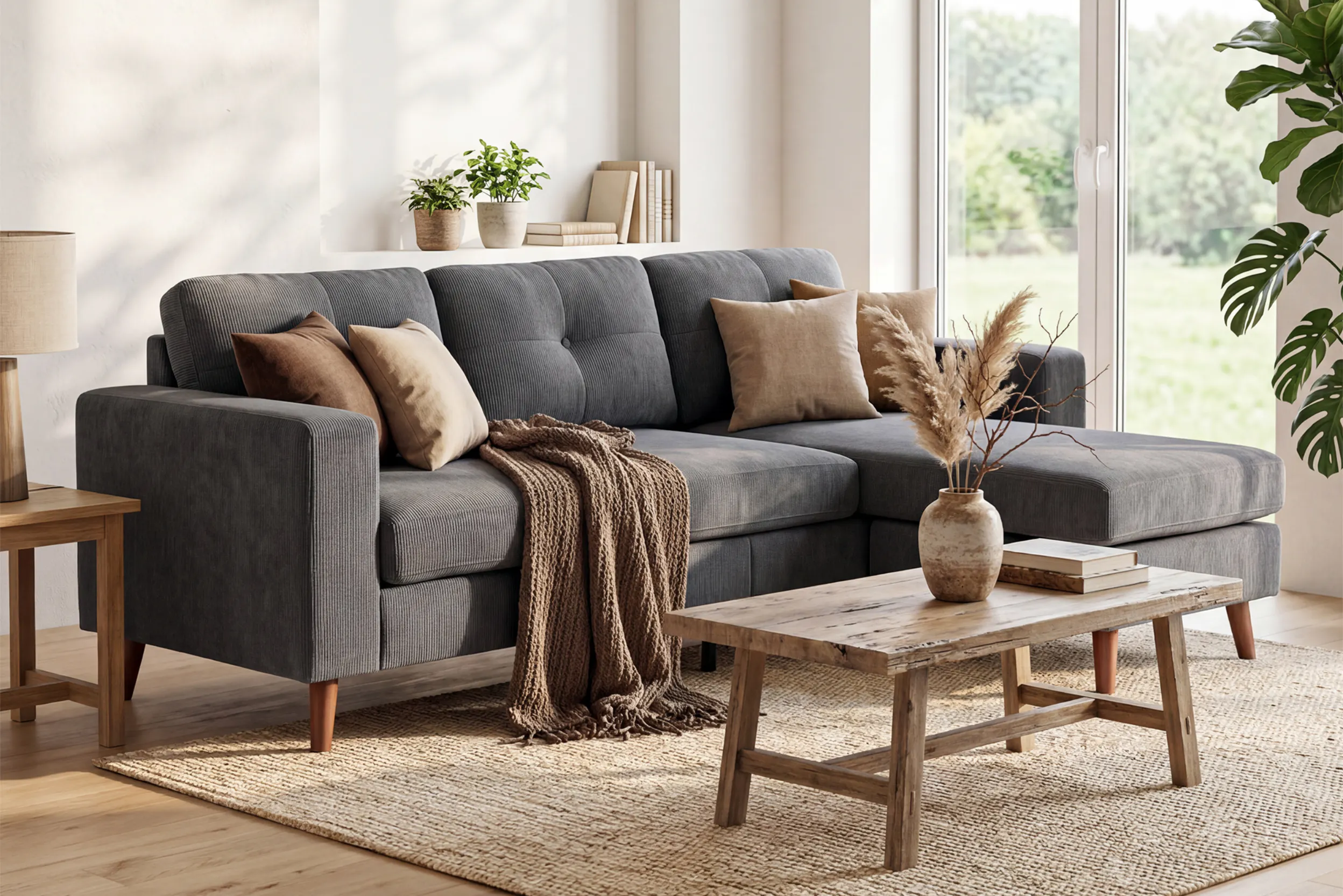 Dunkelgraues Ecksofa mit festem Sitzkomfort
