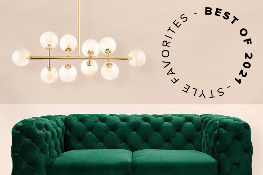 Collage mit beliebten home24 Bestsellern des Jahres 2021 wie Sessel und Sofa aus dunkelgrünem Samtstoff sowie einer goldglänzenden Statement-Leuchte