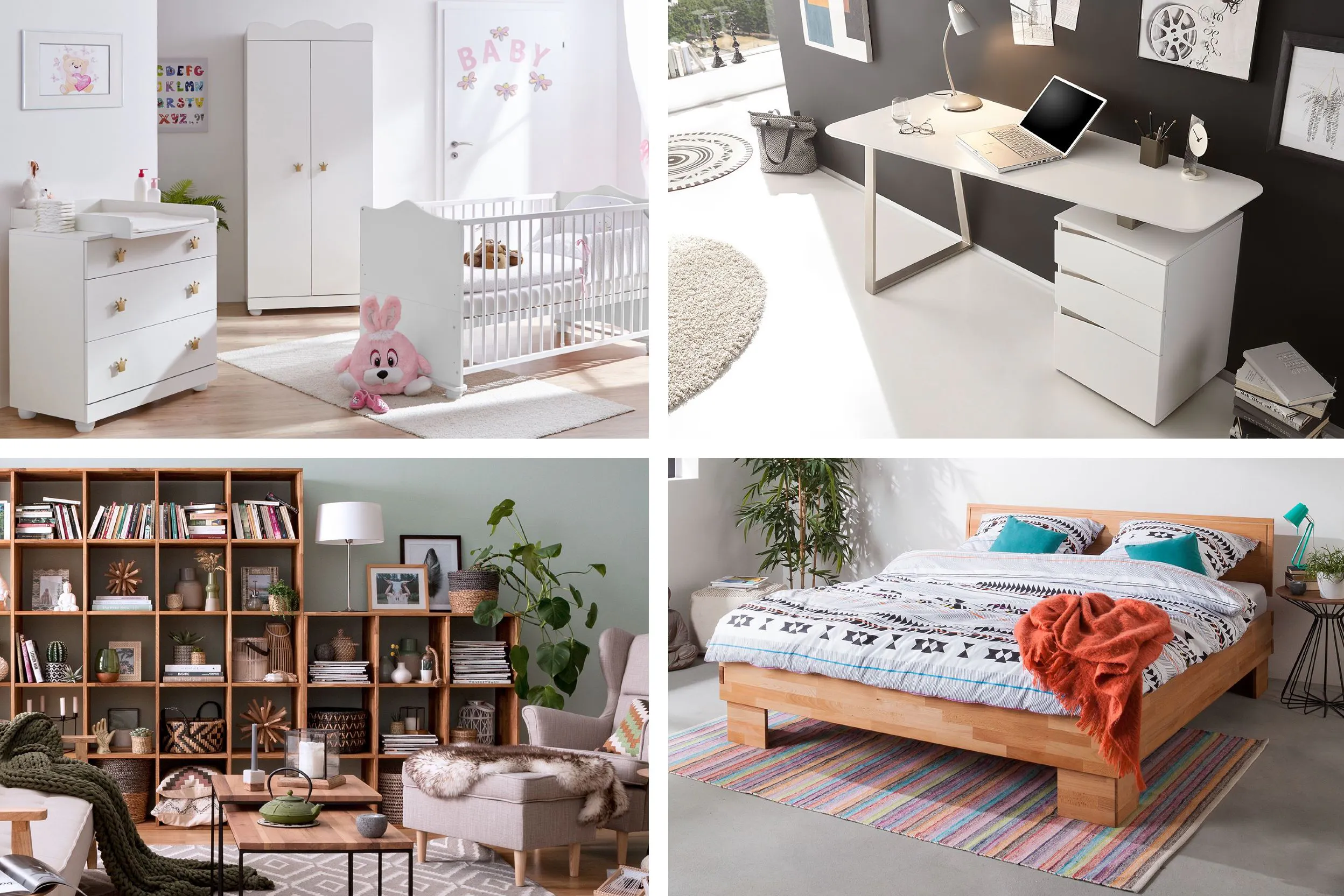 Quatre photos de différentes pièces avec dans chacune des meubles (chambre d'enfant, bureau, bibliothèque et lit) de marques écoresponsables
