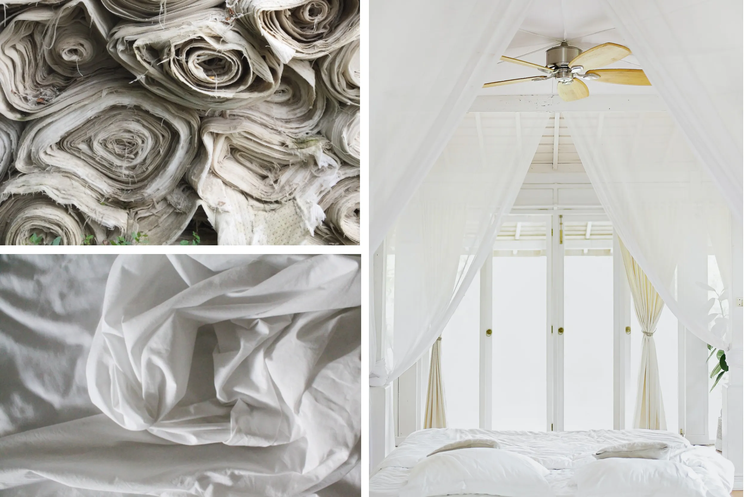 Combo de trois photos : L'une est de rouleaux de tissu blanc, la seconde est de tissu blanc froissé, la troisième est d'un lit à baldaquins entièrement blanc, avec un ventilateur au-dessus du lit