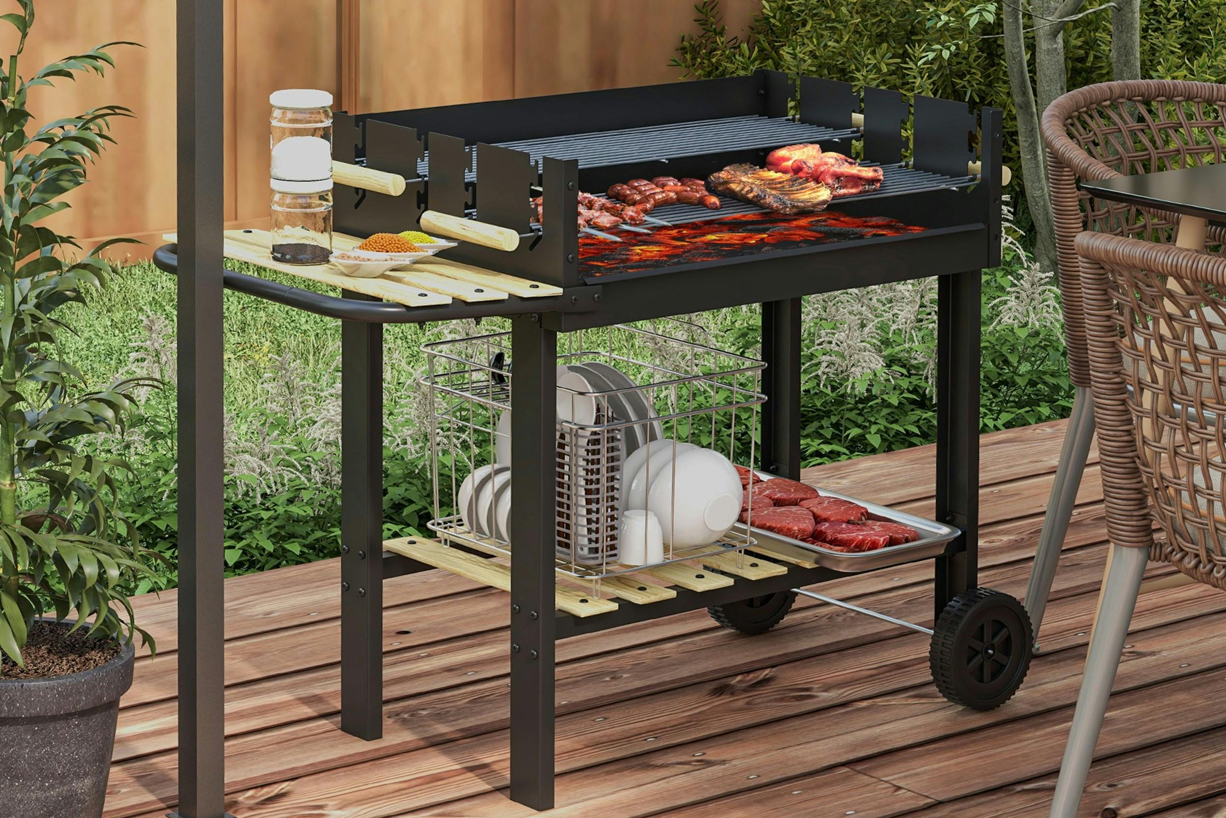 Grill mit zwei Regalen, gefüllt mit Gewürzen, Fleisch und Geschirr