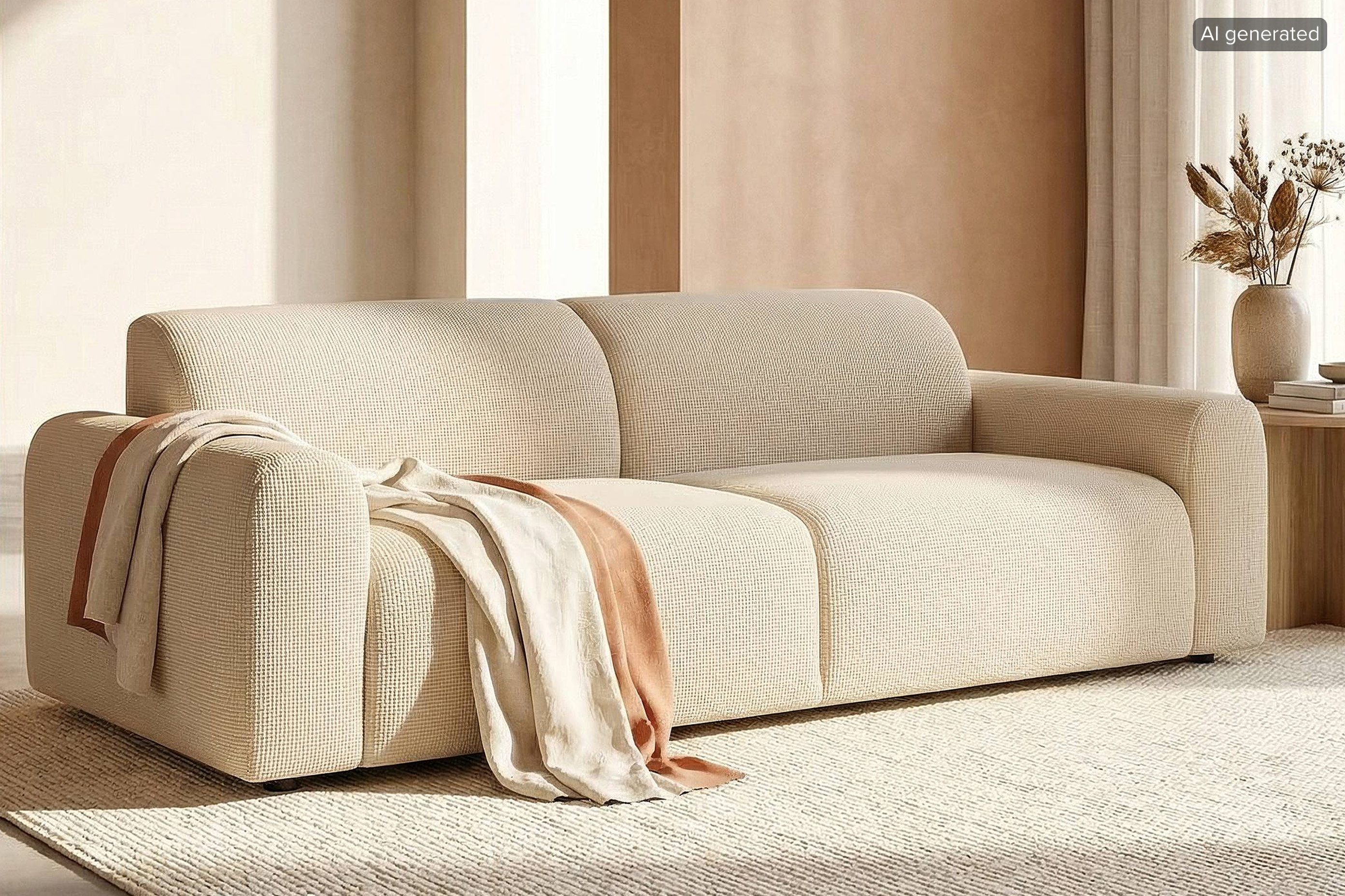 Bild ist KI-generiert. Beiges Sofa mit kuschliger Decke auf hellem Wollteppich.