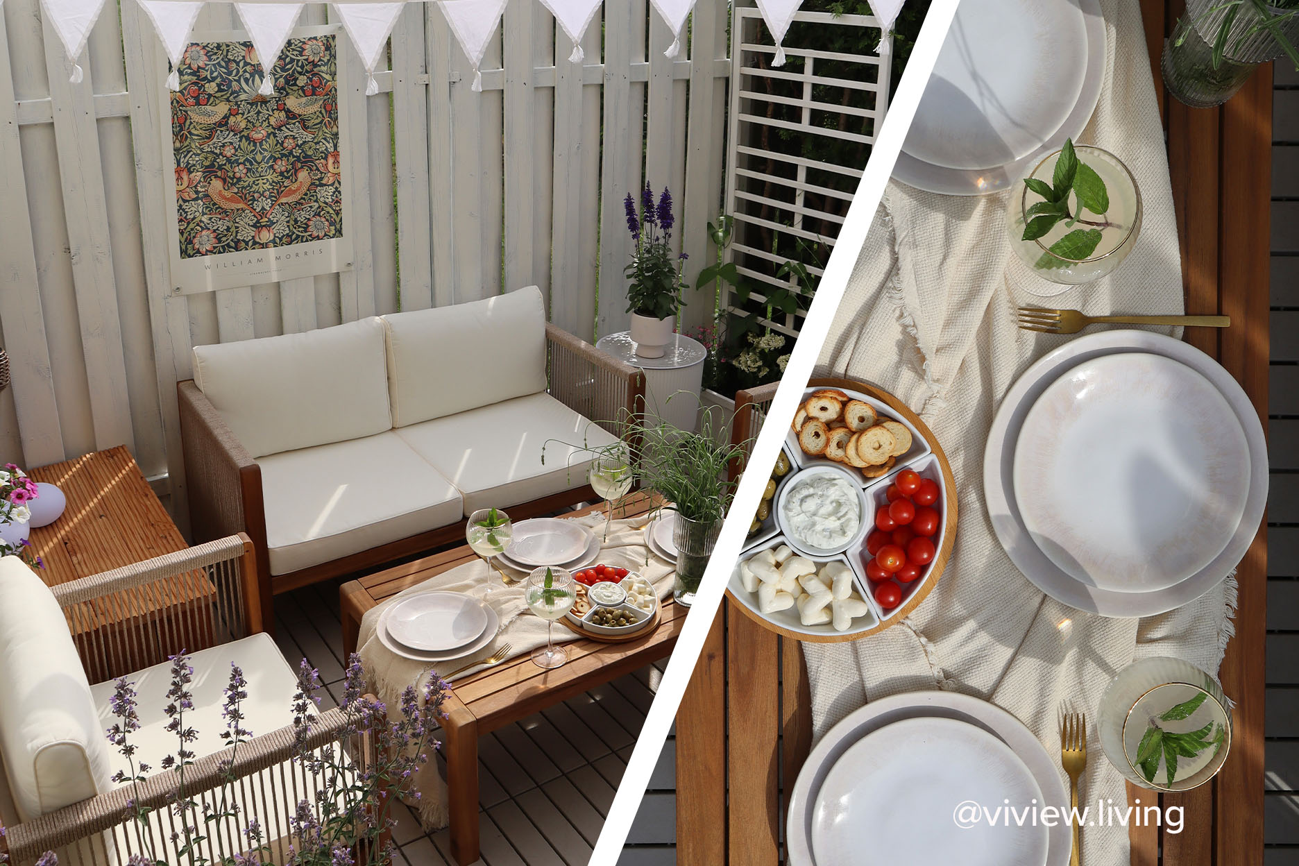 Outdoorlounge aus Holz, Ropedesign und hellen Stoffbezügen mit gedecktem Gartentisch mit Drinks in Weingläsern, Snackschale aus weißem Porzellan, gefüllt mit Oliven, Tomaten, Cracker und Käse, weißer, hoher Lattenzaun im Hintergrund.