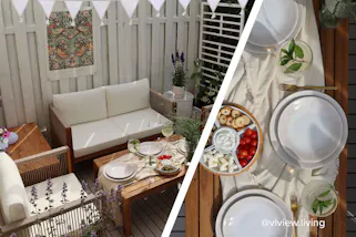 Outdoorlounge aus Holz, Ropedesign und hellen Stoffbezügen mit gedecktem Gartentisch mit Drinks in Weingläsern, Snackschale aus weißem Porzellan, gefüllt mit Oliven, Tomaten, Cracker und Käse, weißer, hoher Lattenzaun im Hintergrund.